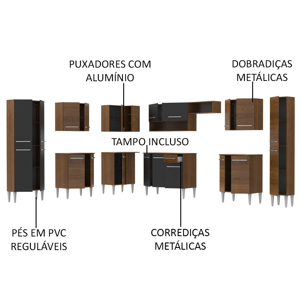 Armário de Cozinha Completa de Canto 513cm Rustic/Preto Emilly Big Madesa 02