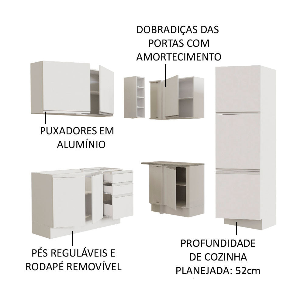 Armário de Cozinha Completa de Canto 329cm Branco Glamy Madesa 01