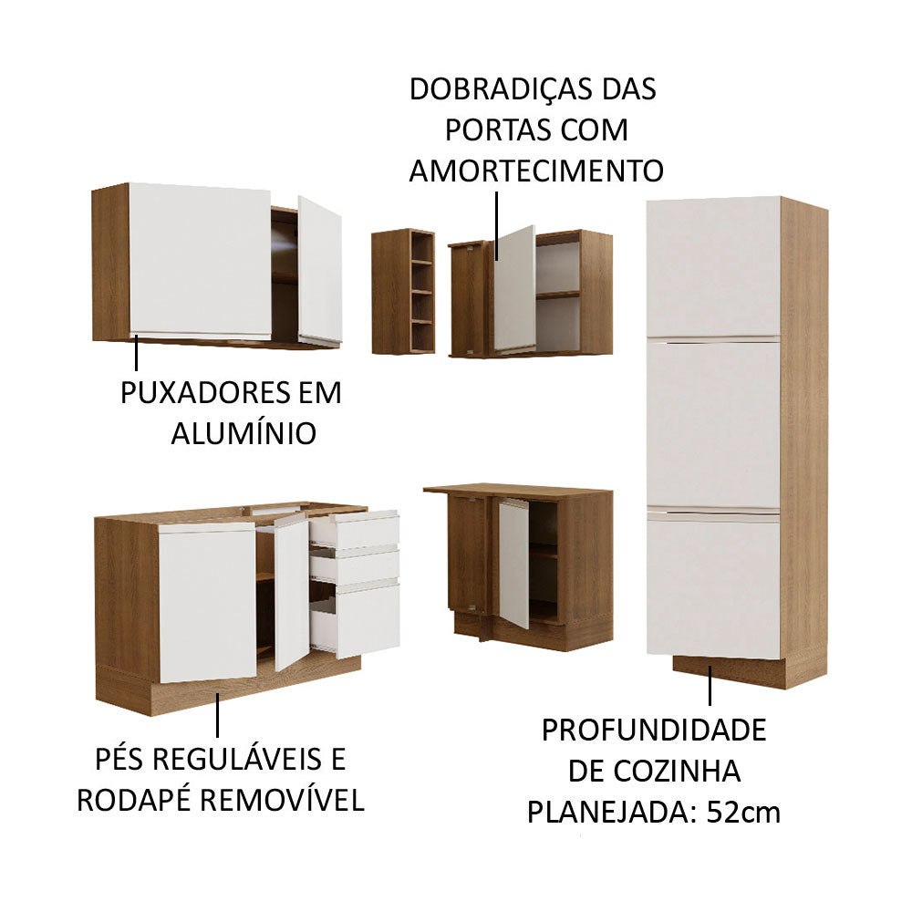 Armário de Cozinha Completa de Canto 329cm Rustic Branco Glamy Madesa 01