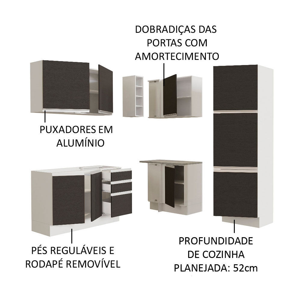 Armário de Cozinha Completa de Canto 329cm Branco Preto Glamy Madesa 01