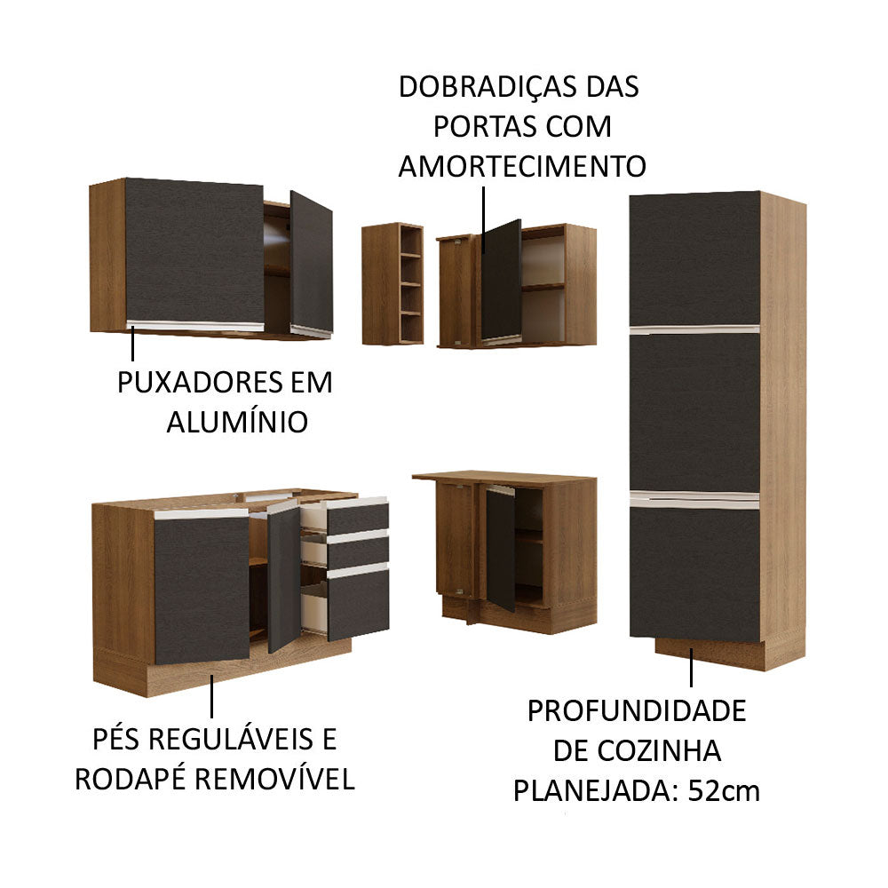 Armário de Cozinha Completa de Canto 329cm Rustic Preto Glamy Madesa 01