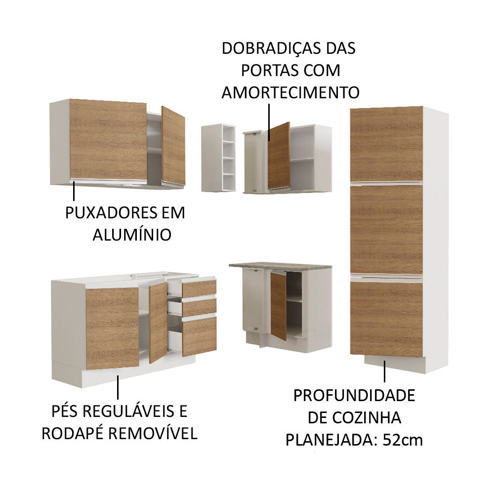 Armário de Cozinha Completa de Canto 329cm Branco Rustic Glamy Madesa 01