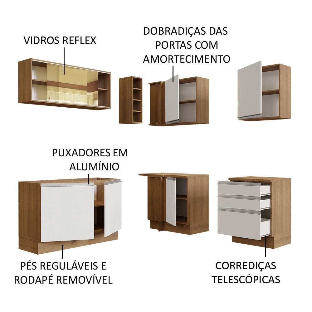Armário de Cozinha Completa de Canto 329cm Rustic Branco Glamy Madesa 02