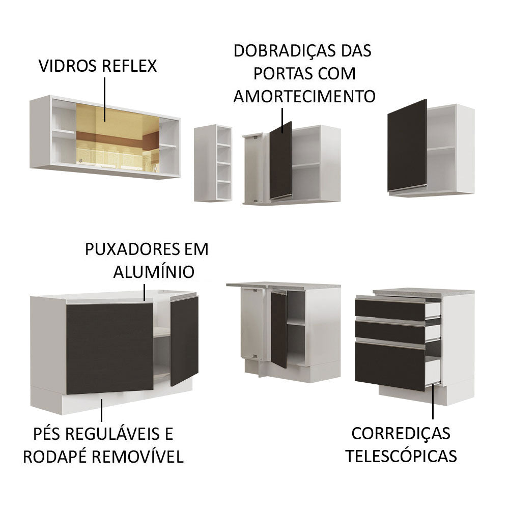 Armário de Cozinha Completa de Canto 329cm Branco Preto Glamy Madesa 02