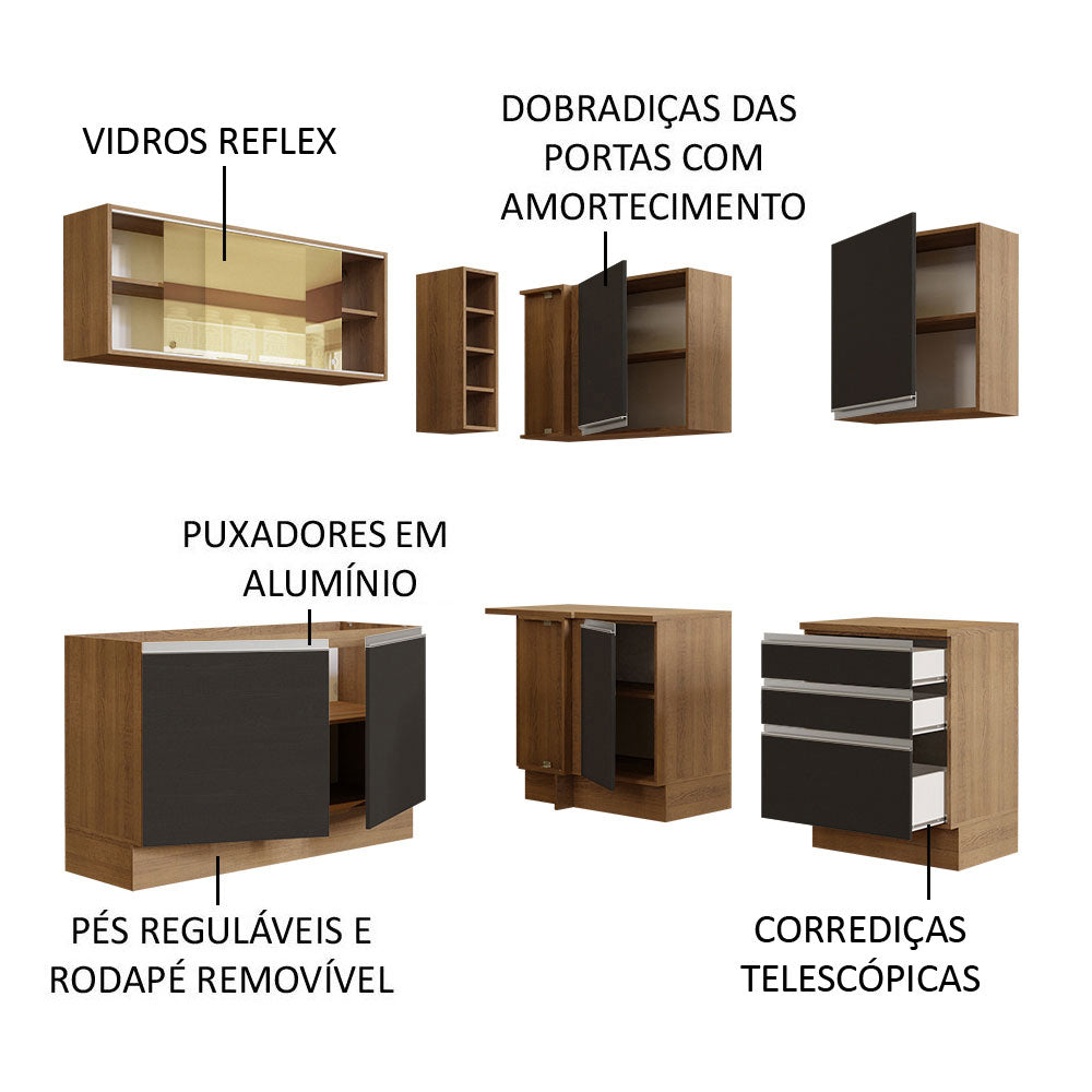 Armário de Cozinha Completa de Canto 329cm Rustic Preto Glamy Madesa 02