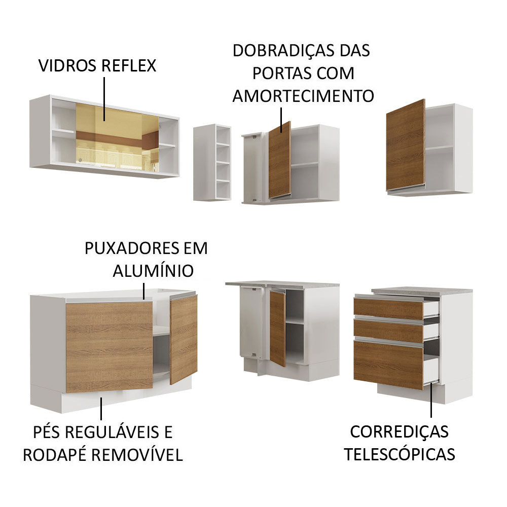Armário de Cozinha Completa de Canto 329cm Branco Rustic Glamy Madesa 02