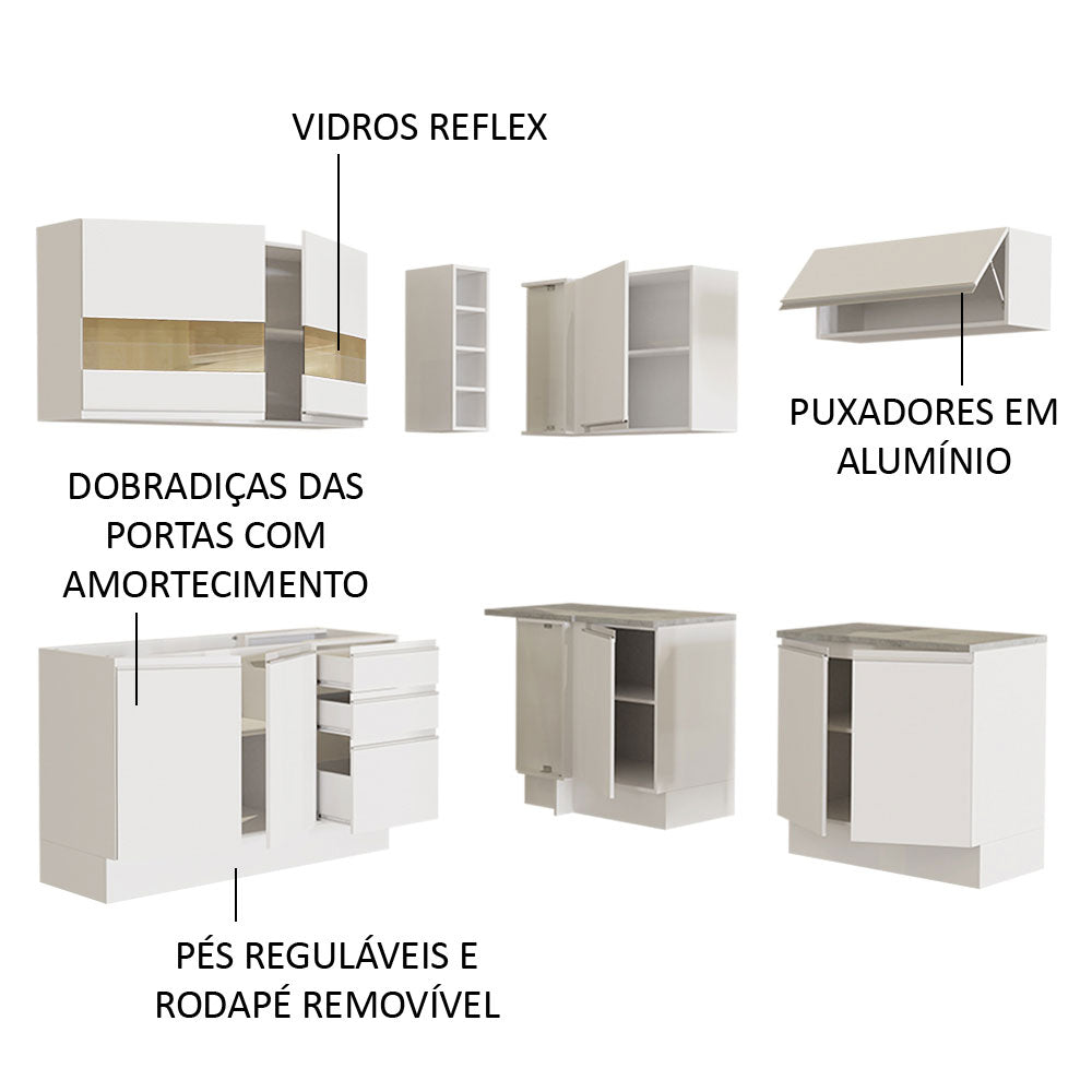 Armário de Cozinha Completa de Canto 349cm Branco Glamy Madesa 01