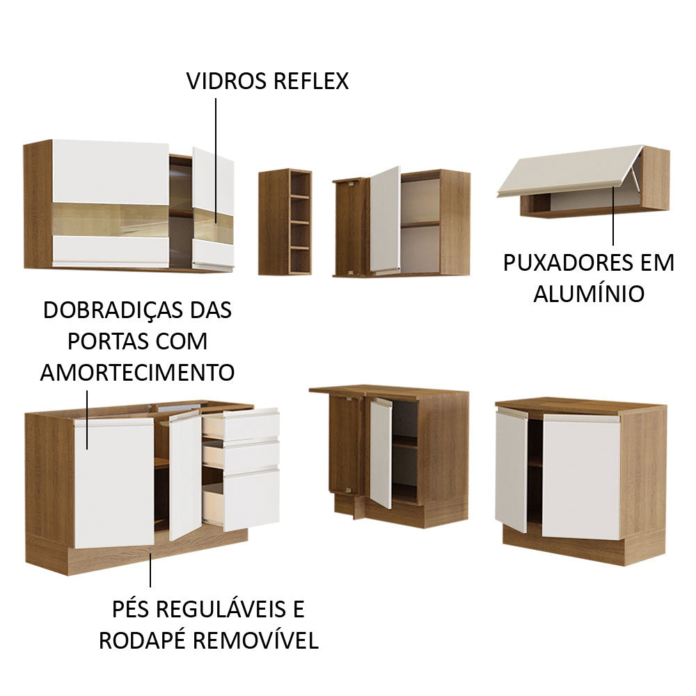 Armário de Cozinha Completa de Canto 349cm Rustic/Branco Glamy Madesa 01