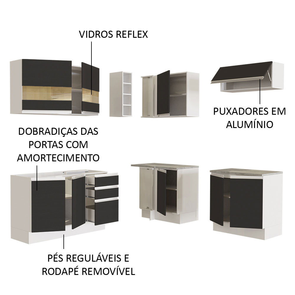Armário de Cozinha Completa de Canto 349cm Branco/Preto Glamy Madesa 01