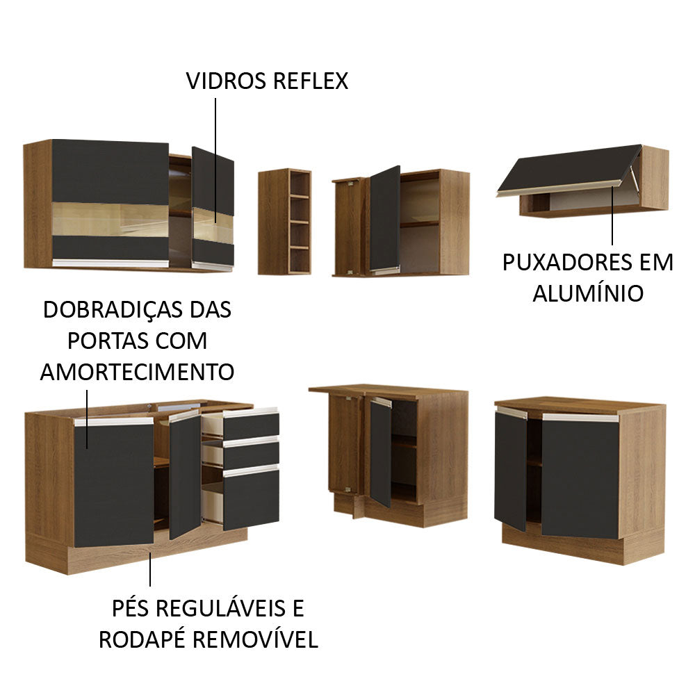 Armário de Cozinha Completa de Canto 349cm Rustic/Preto Glamy Madesa 01