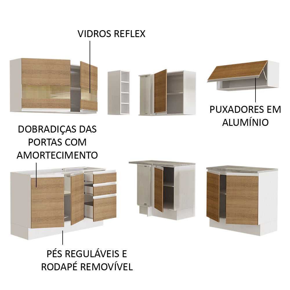 Armário de Cozinha Completa de Canto 349cm Branco/Rustic Glamy Madesa 01