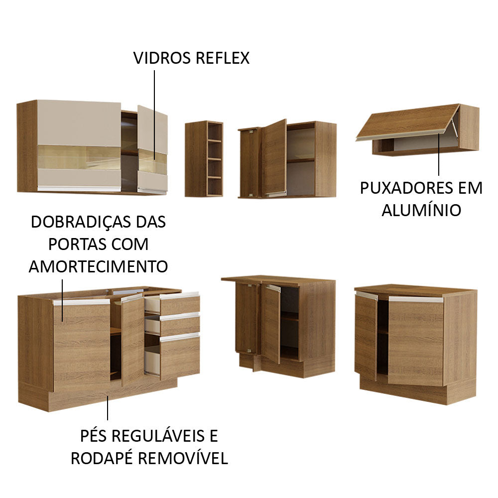 Armário de Cozinha Completa de Canto 349cm Rustic/Rustic/Crema Glamy Madesa 01