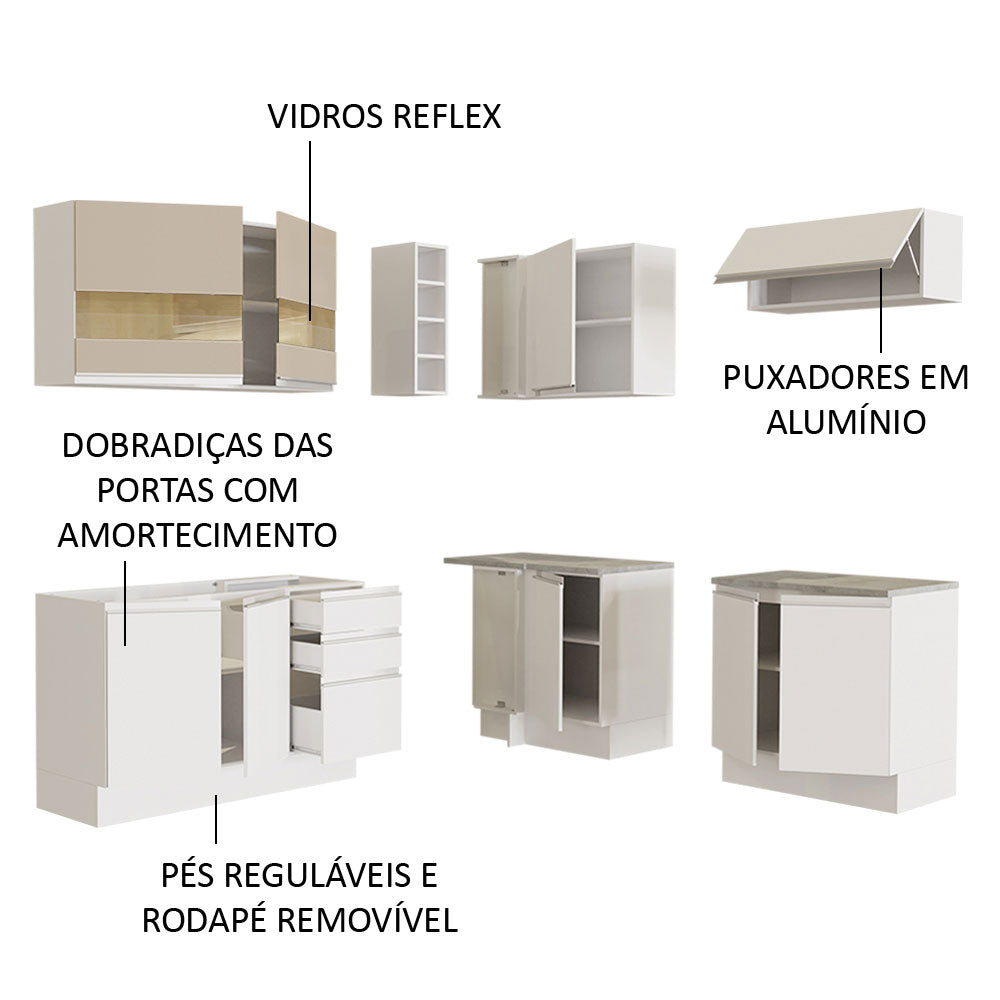 Armário de Cozinha Completa de Canto 349cm Branco/Branco/Crema Glamy Madesa 01