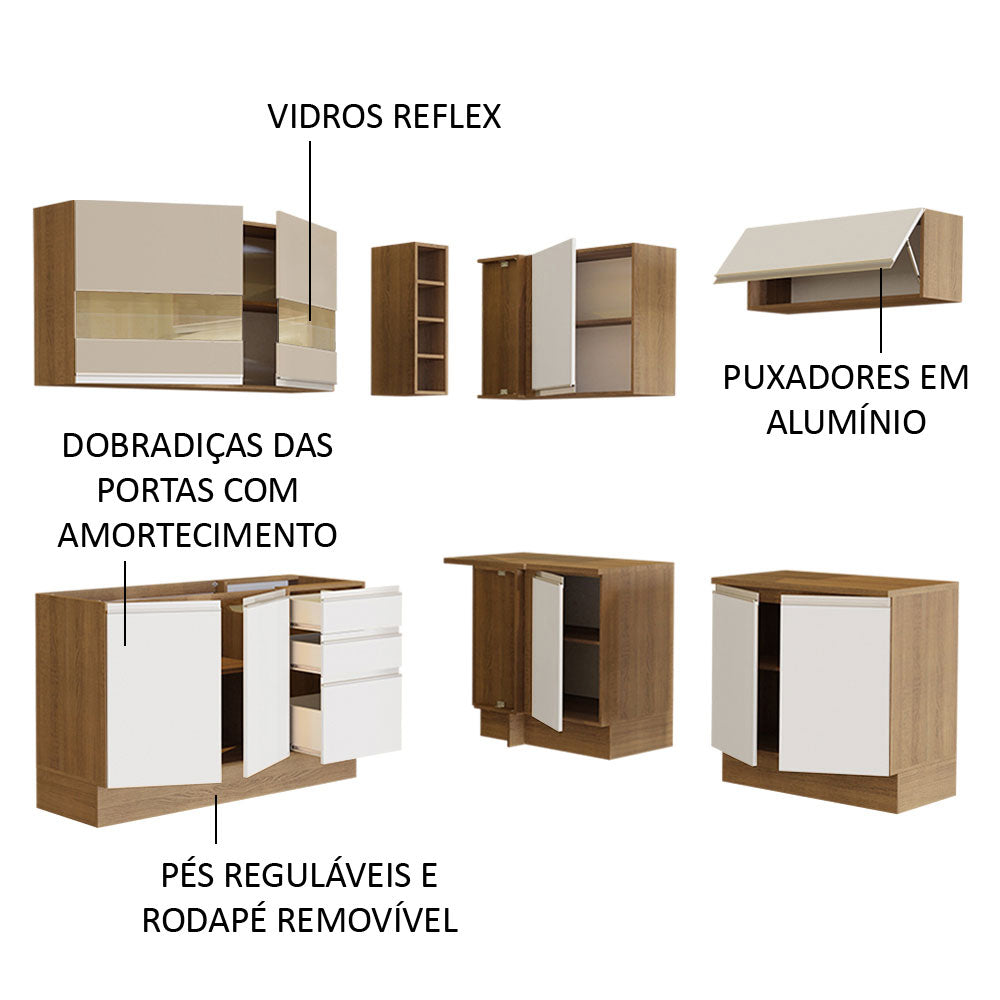 Armário de Cozinha Completa de Canto 349cm Rustic/Branco/Crema Glamy Madesa 01