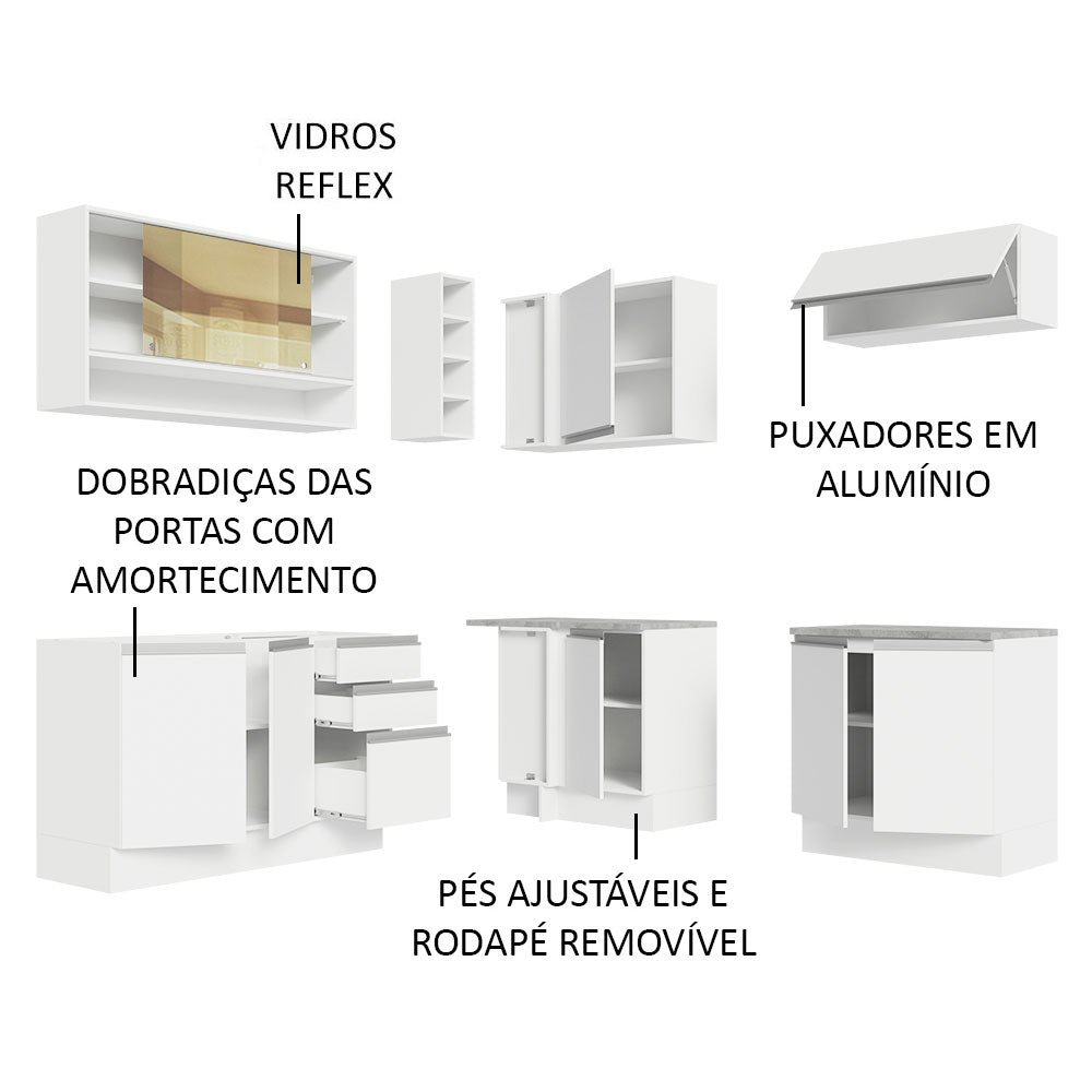 Armário de Cozinha Completa de Canto 349cm Branco Glamy Madesa 02