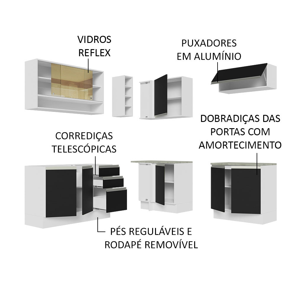 Armário de Cozinha Completa de Canto 349cm Branco Preto Glamy Madesa 02