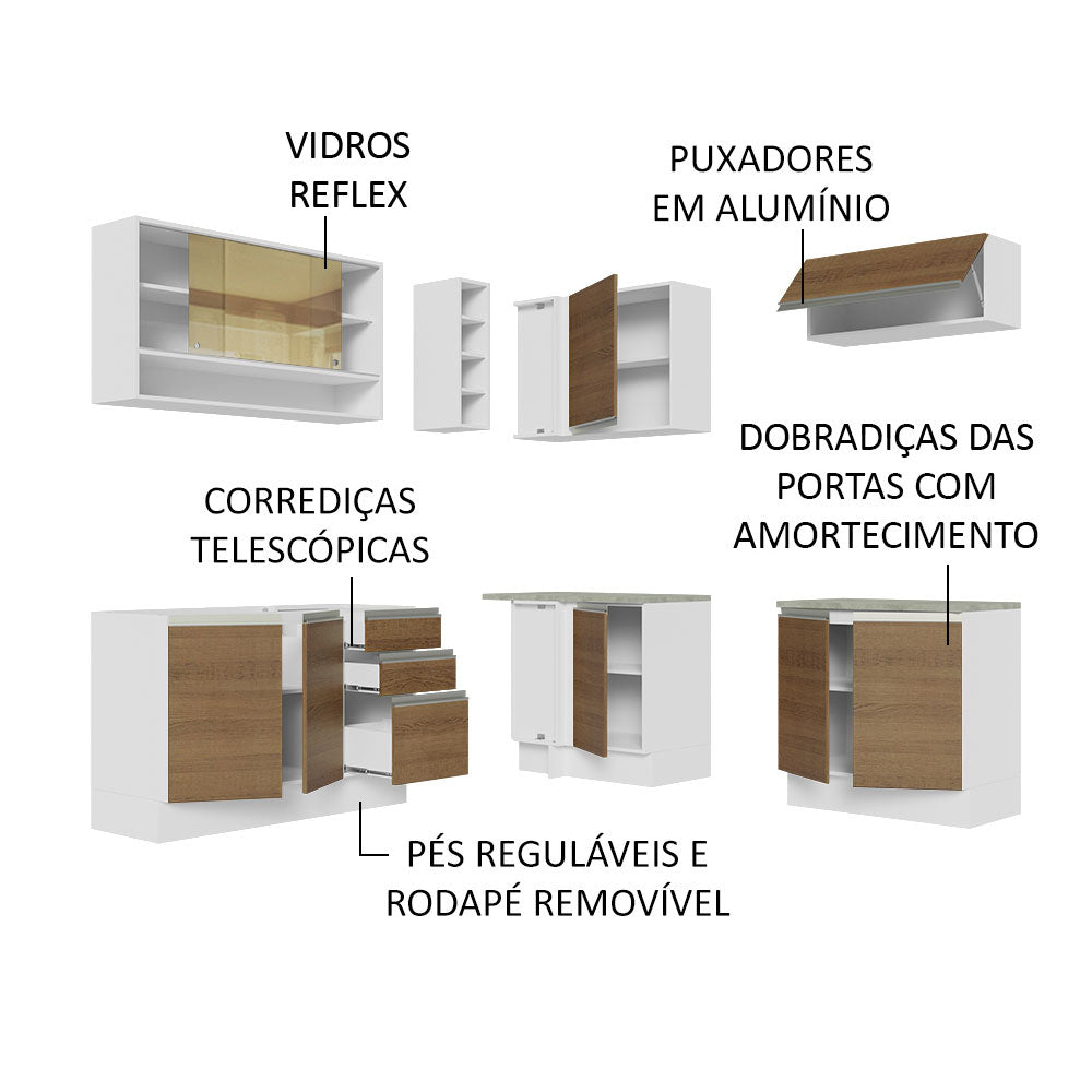 Armário de Cozinha Completa de Canto 349cm Branco Rustic Glamy Madesa 02