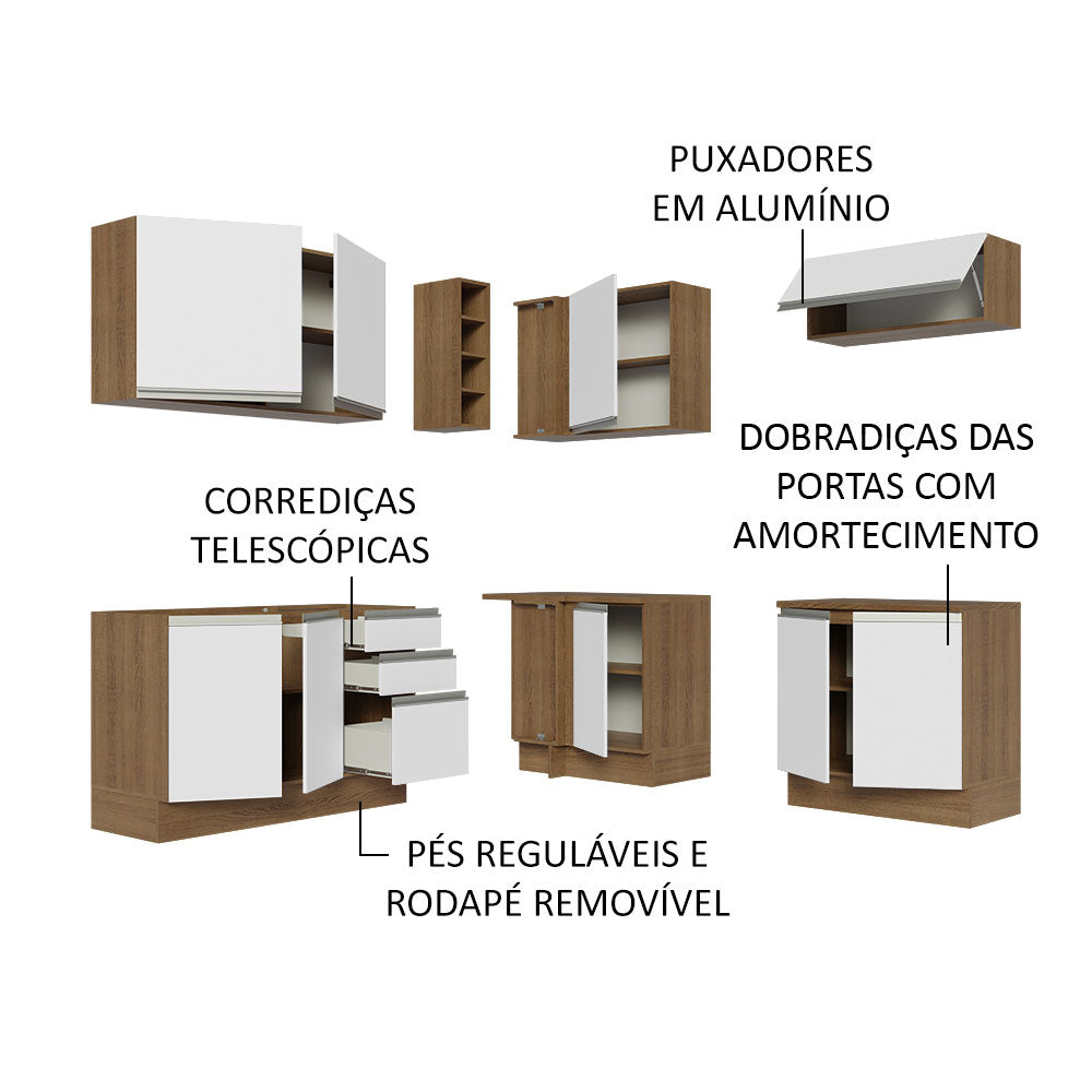 Armário de Cozinha Completa de Canto 349cm Rustic Branco Glamy Madesa 03