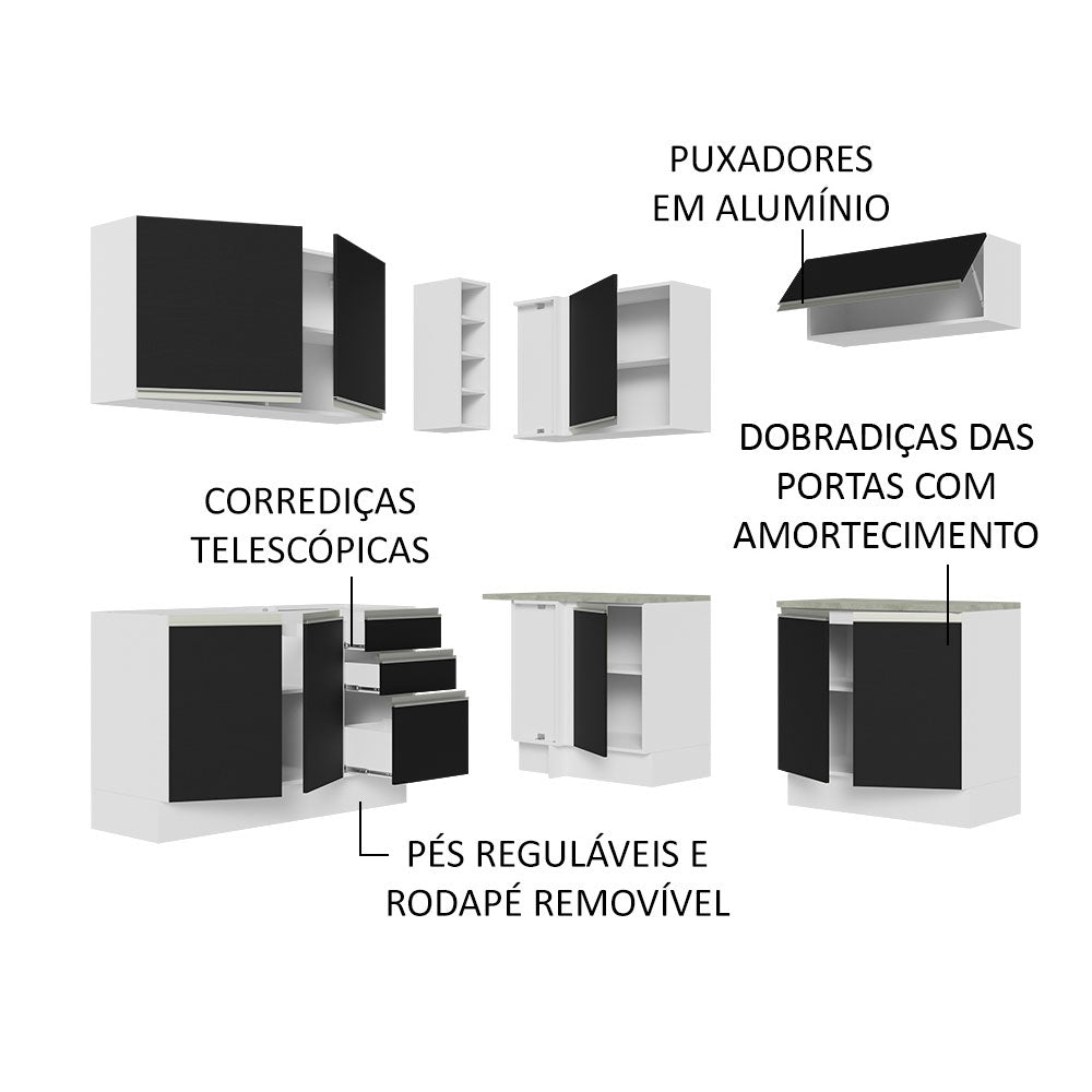 Armário de Cozinha Completa de Canto 349cm Branco Preto Glamy Madesa 03