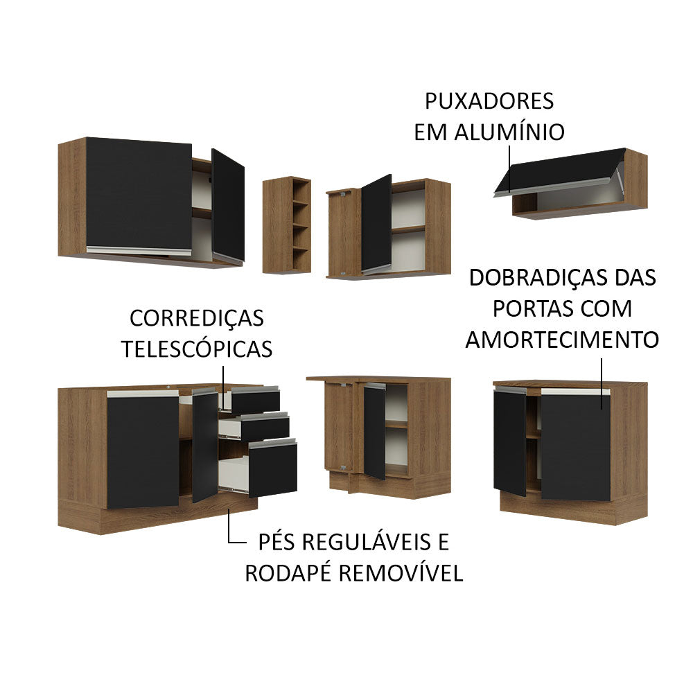 Armário de Cozinha Completa de Canto 349cm Rustic Preto Glamy Madesa 03