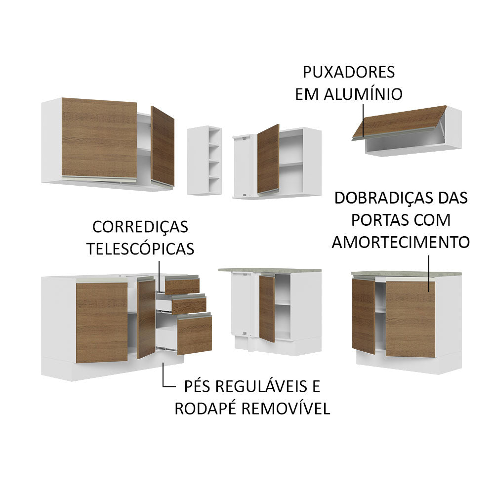 Armário de Cozinha Completa de Canto 349cm Branco Rustic Glamy Madesa 03