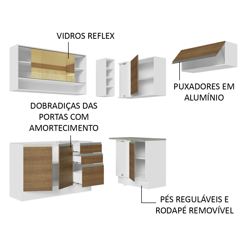 Armário de Cozinha Completa de Canto 349cm Branco/Rustic Glamy Madesa 06