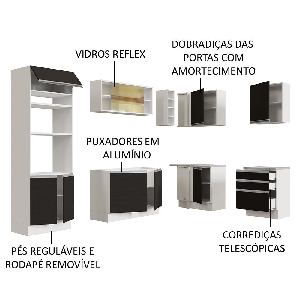 Armário de Cozinha Completa de Canto 399cm Branco Preto Glamy Madesa 02