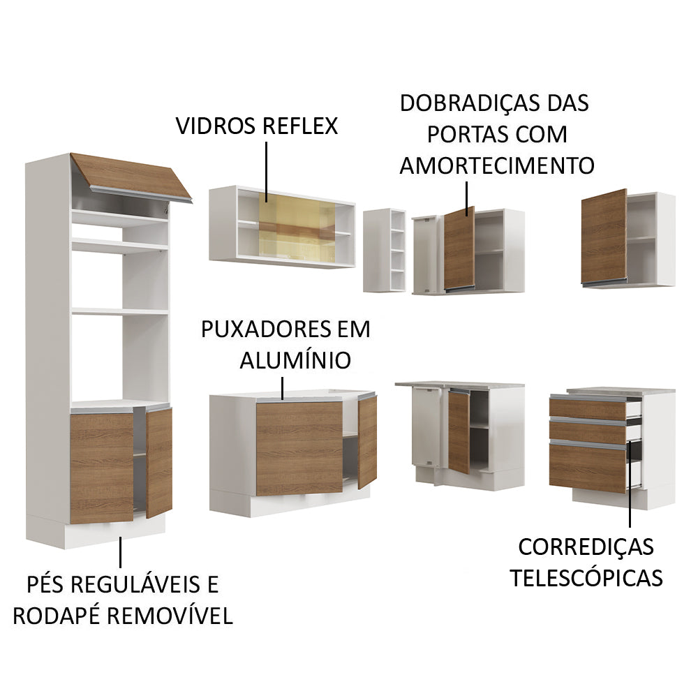 Armário de Cozinha Completa de Canto 399cm Branco Rustic Glamy Madesa 02