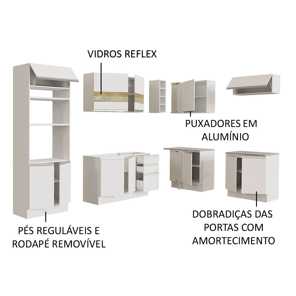 Armário de Cozinha Completa de Canto 419cm Branco Glamy Madesa 01