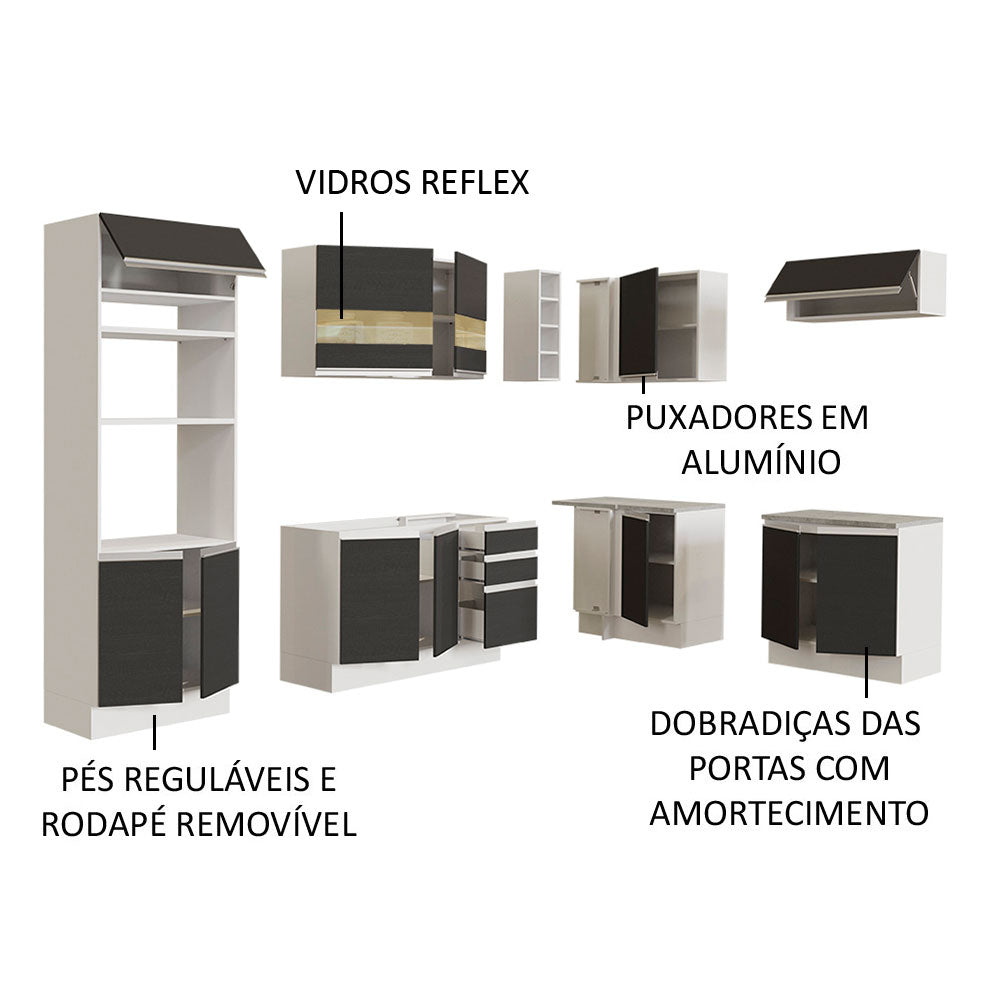 Armário de Cozinha Completa de Canto 419cm Branco/Preto Glamy Madesa 01