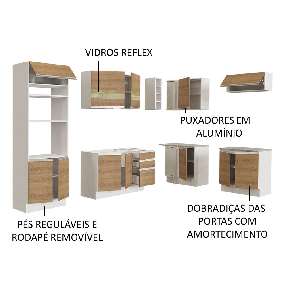 Armário de Cozinha Completa de Canto 419cm Branco/Rustic Glamy Madesa 01