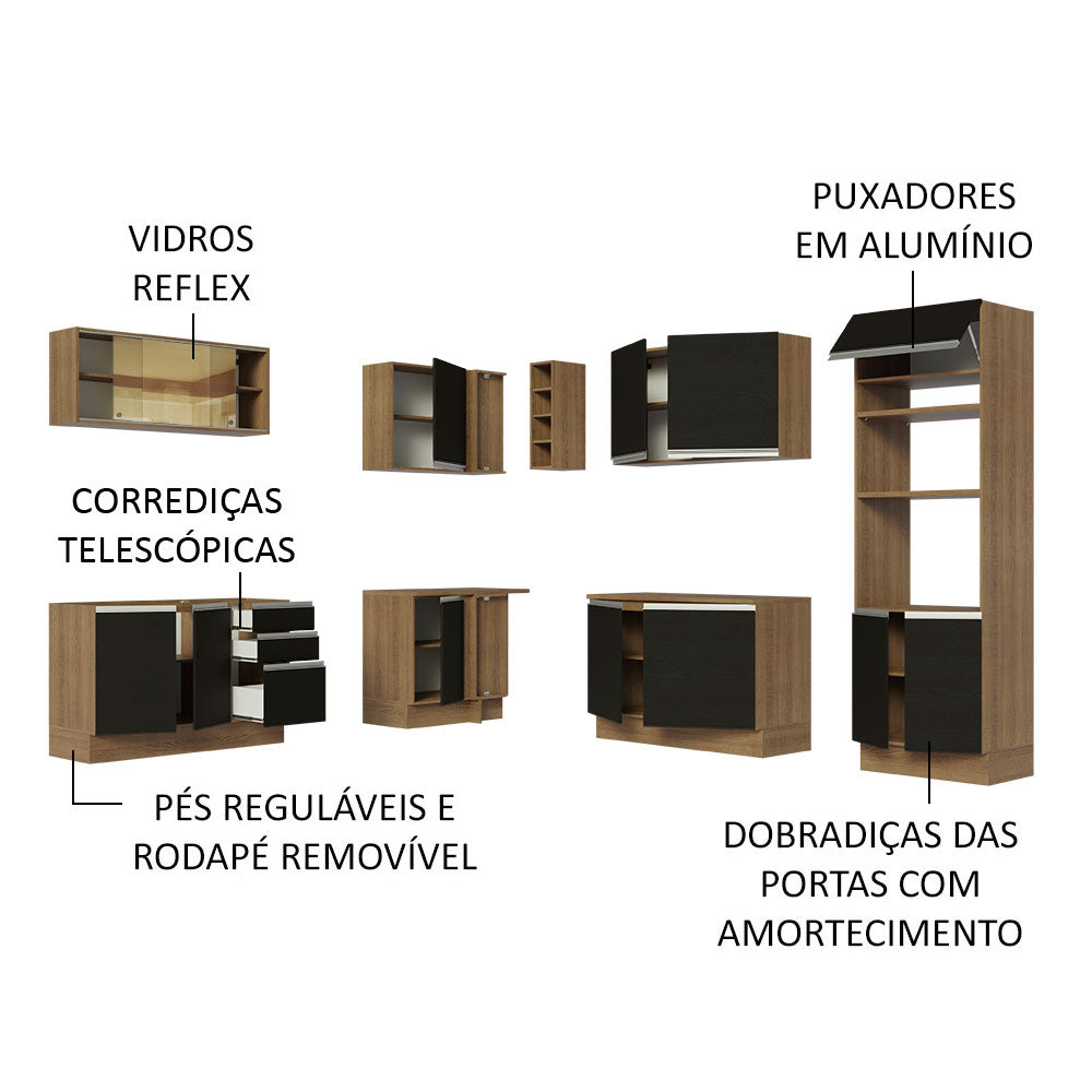 Armário de Cozinha Completa de Canto 459cm Rustic Preto Glamy Madesa 01