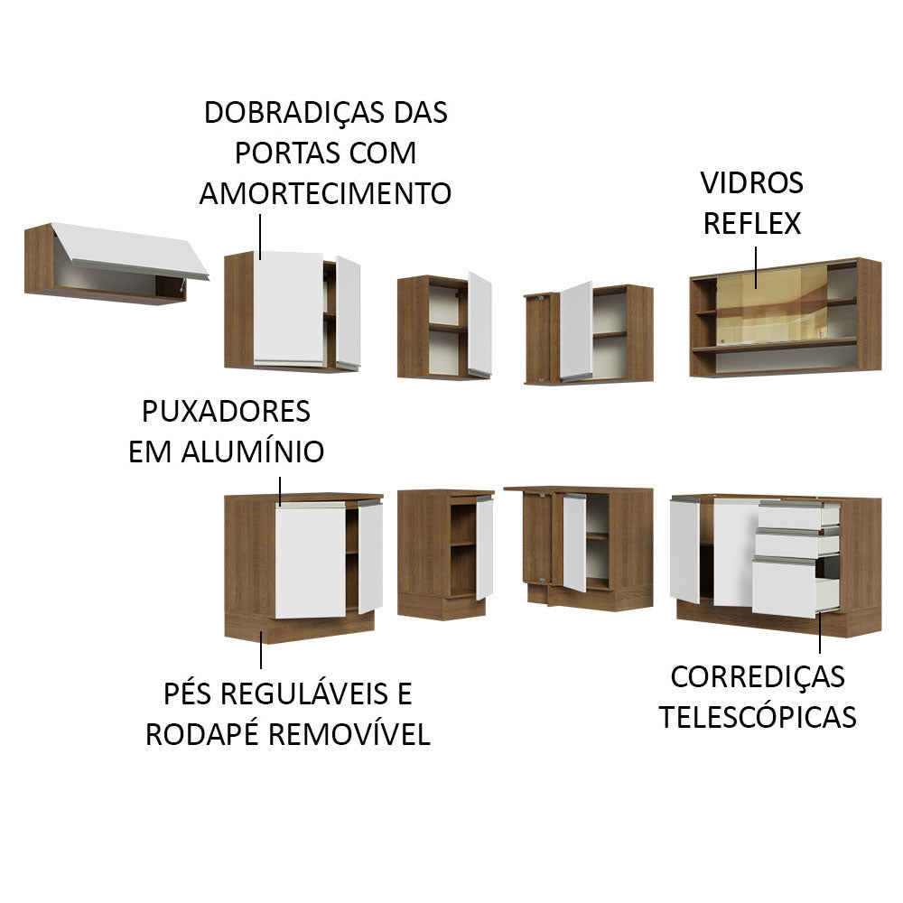 Armário de Cozinha Completa de Canto 469cm Rustic/Branco Glamy Madesa 01