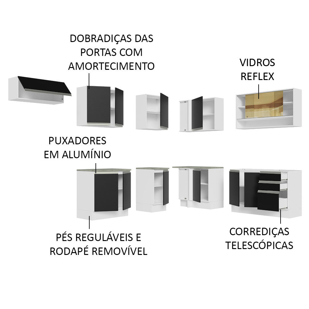 Armário de Cozinha Completa de Canto 469cm Branco/Preto Glamy Madesa 01