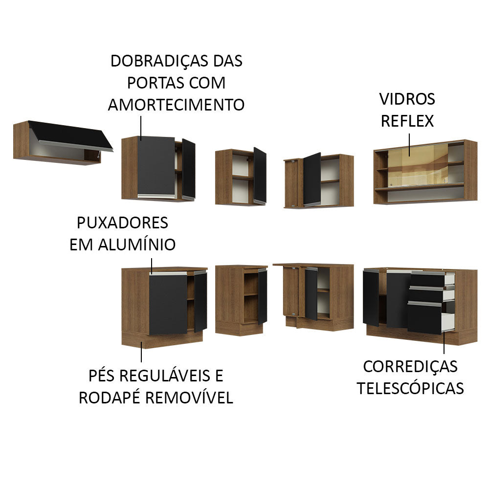 Armário de Cozinha Completa de Canto 469cm Rustic/Preto Glamy Madesa 01