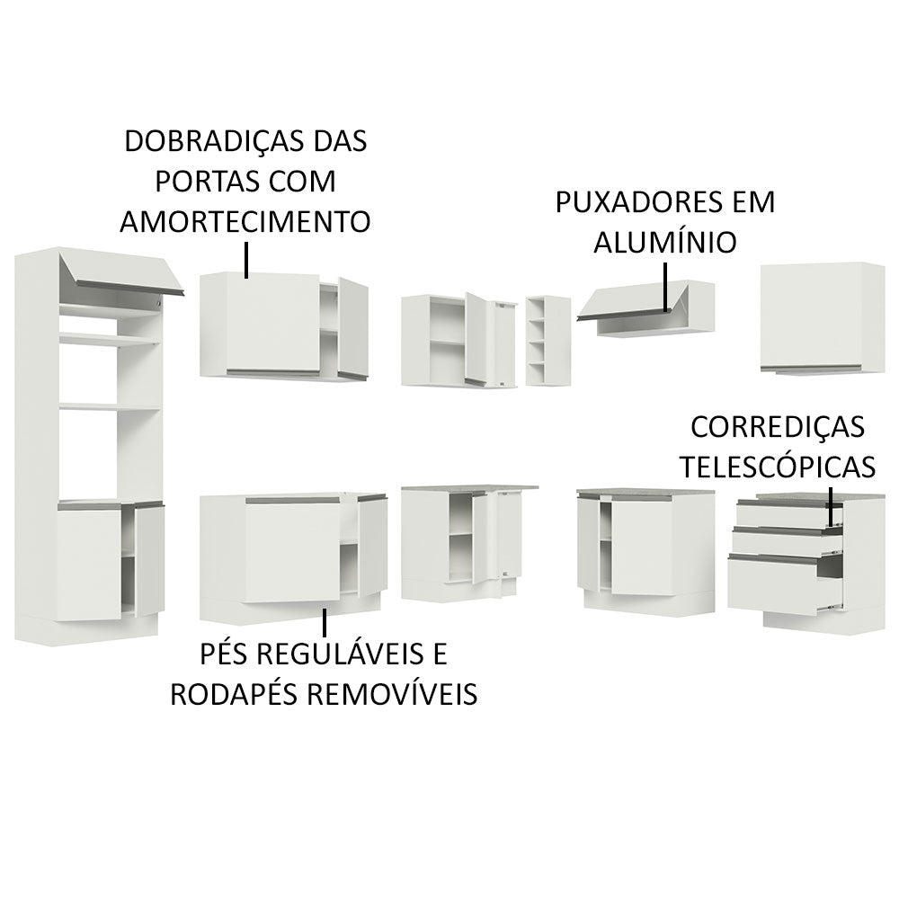 Armário de Cozinha Completa de Canto 479cm Branco Glamy Madesa 01