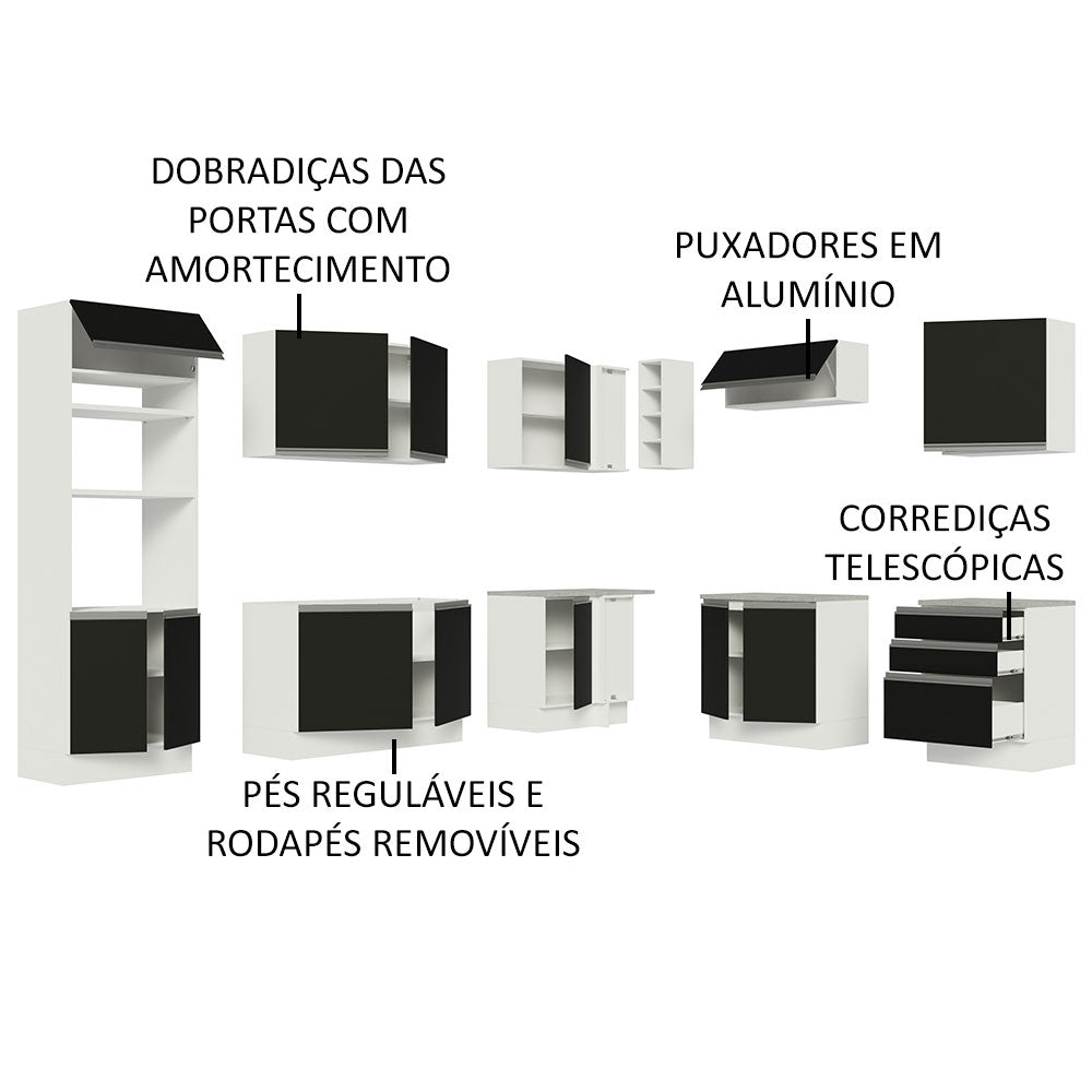 Armário de Cozinha Completa de Canto 479cm Branco Preto Glamy Madesa 01