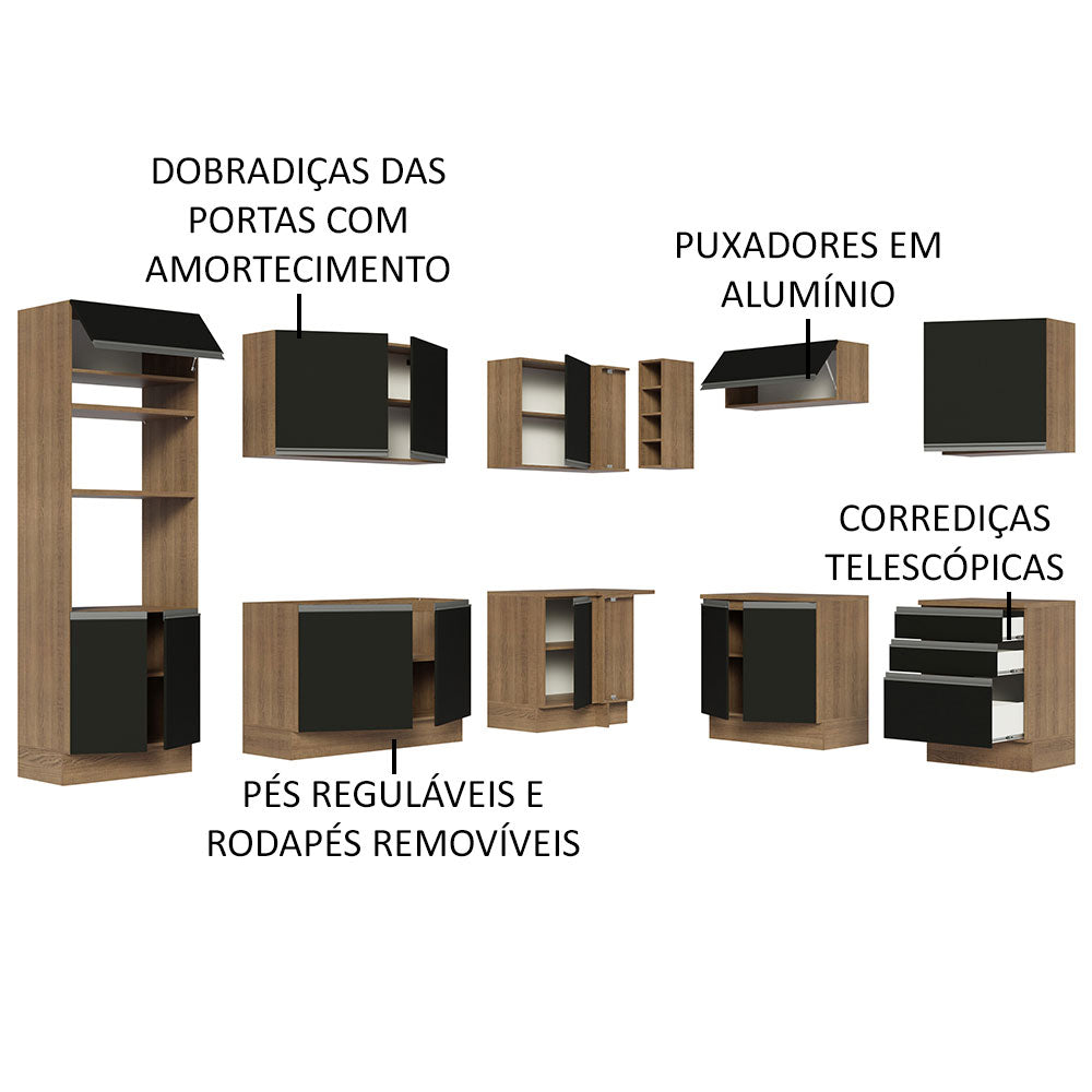 Armário de Cozinha Completa de Canto 479cm Rustic Preto Glamy Madesa 01