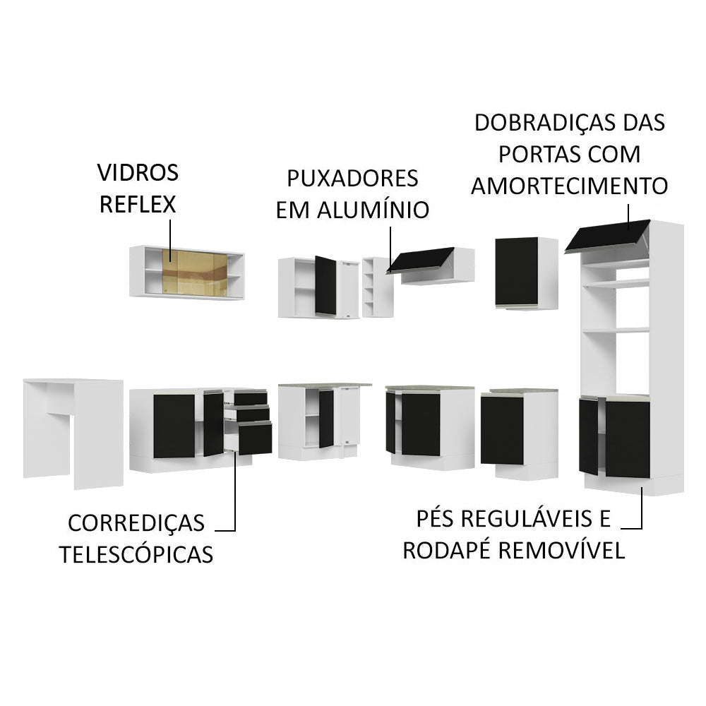 Armário de Cozinha Completa de Canto 504cm Branco/Preto Glamy Madesa 01