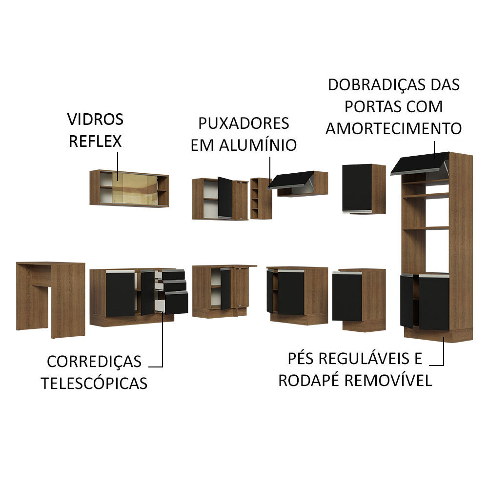 Armário de Cozinha Completa de Canto 504cm Rustic/Preto Glamy Madesa 01
