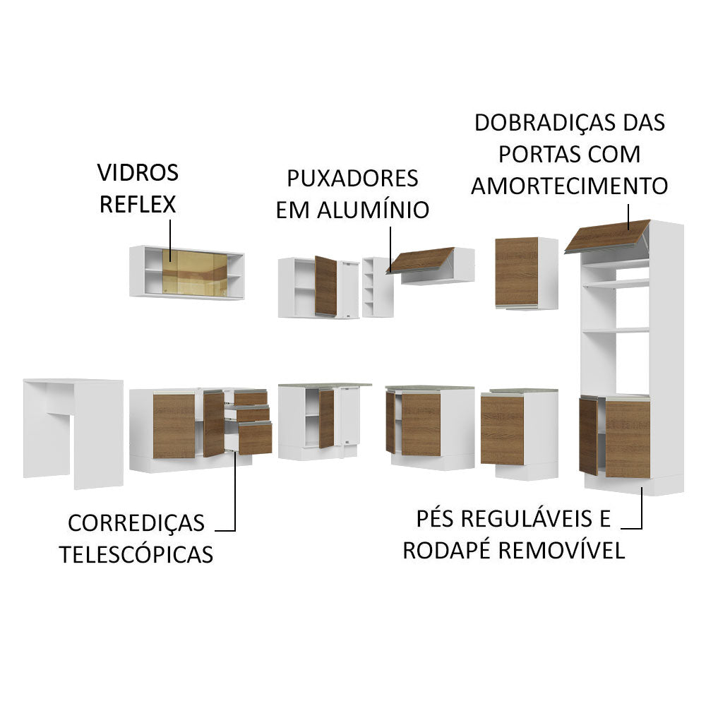 Armário de Cozinha Completa de Canto 504cm Branco/Rustic Glamy Madesa 01