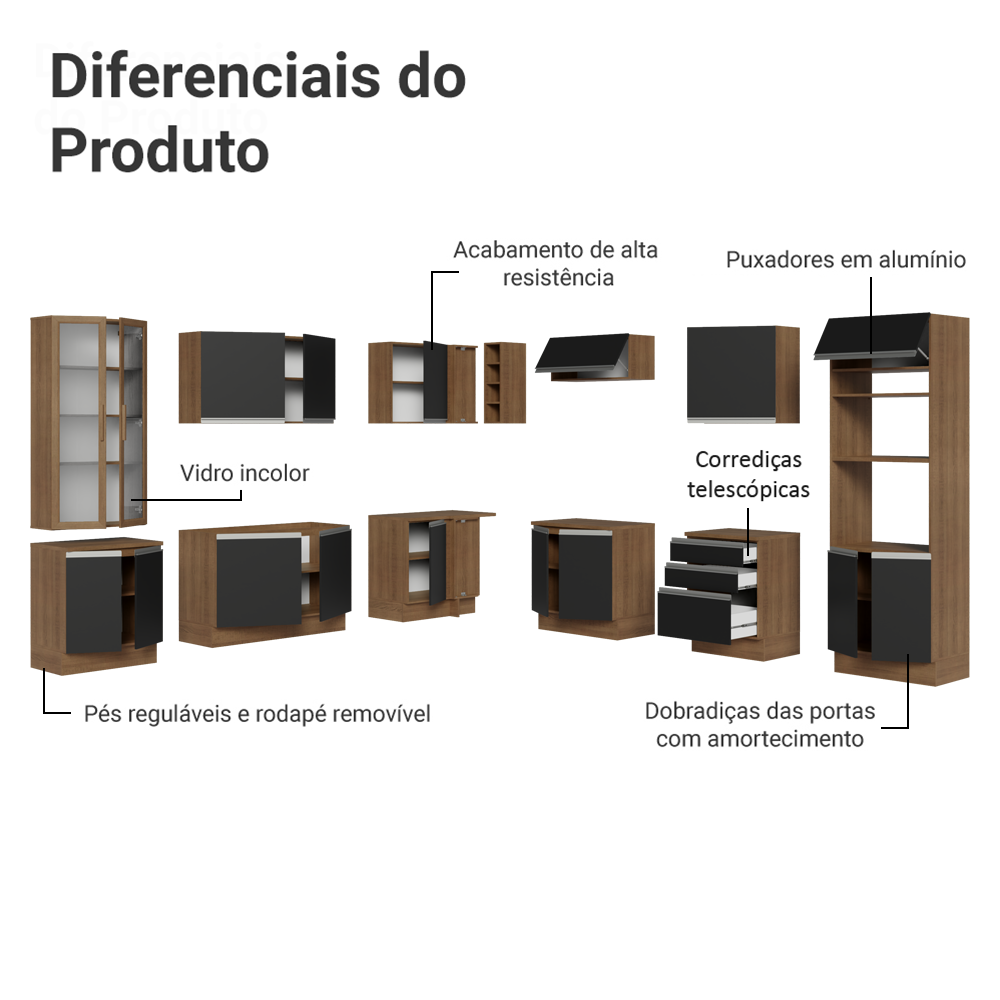 Armário de Cozinha Completa 549cm Rustic/Preto Glamy Madesa 01