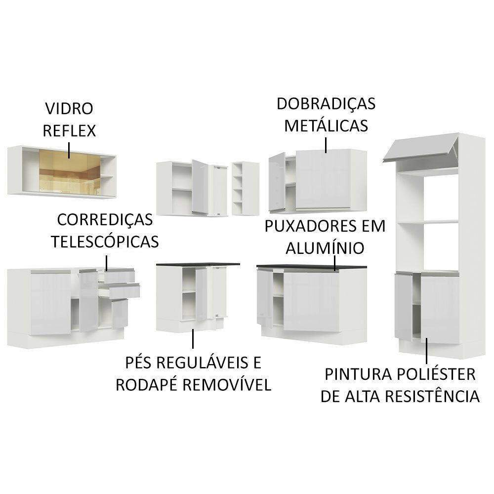 Armário de Cozinha Completa de Canto 100% MDF 459cm Frentes Branco Brilho Acordes Madesa 01