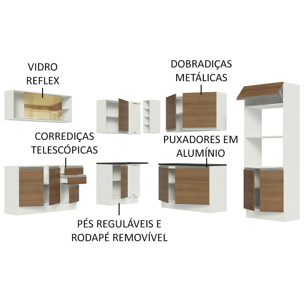Armário de Cozinha Completa de Canto 100% MDF 459cm Branco/Rustic Acordes Madesa 01