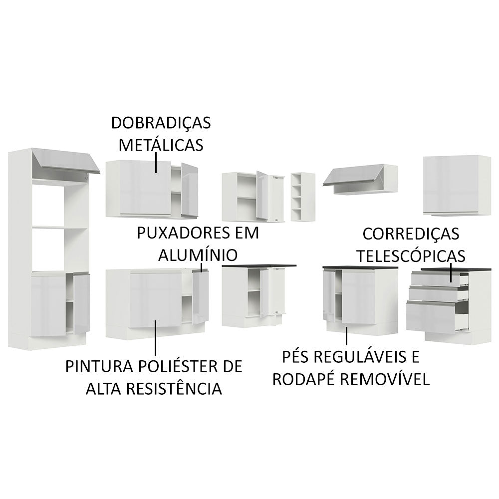 Armário de Cozinha Completa de Canto 100% MDF 479cm Frentes Branco Brilho Acordes Madesa 03
