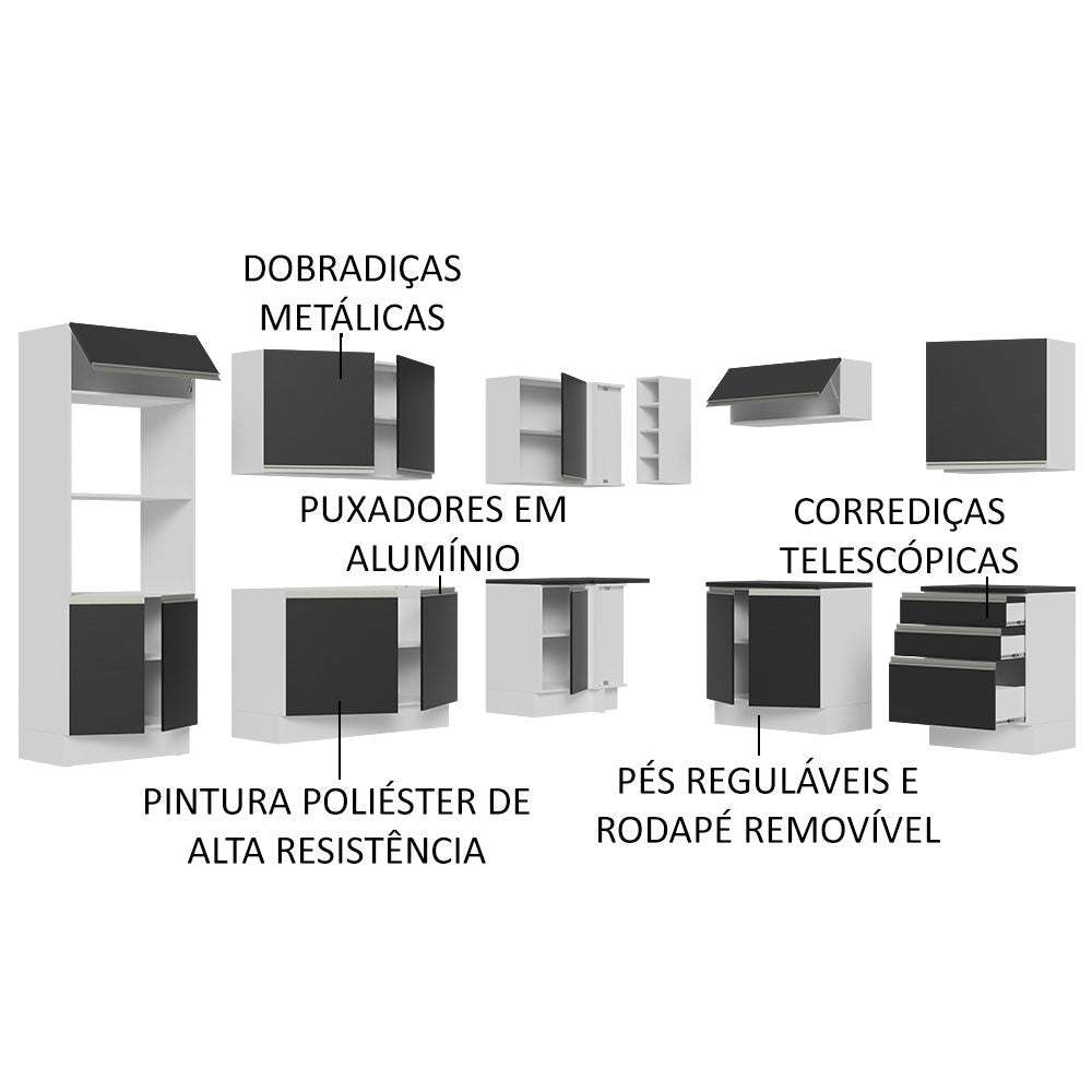 Armário de Cozinha Completa de Canto 100% MDF 479cm Branco/Preto Acordes Madesa 03