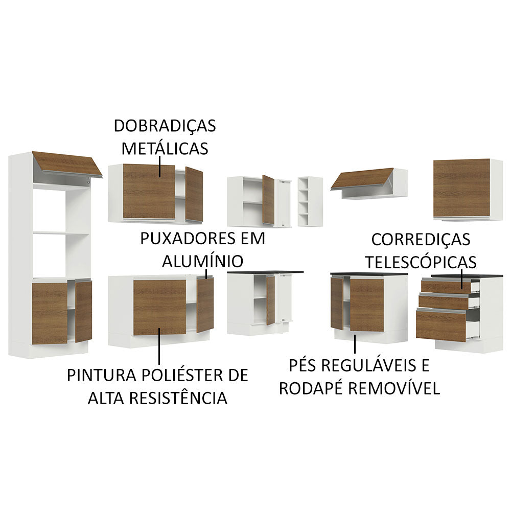 Armário de Cozinha Completa de Canto 100% MDF 479cm Branco/Rustic Acordes Madesa 03
