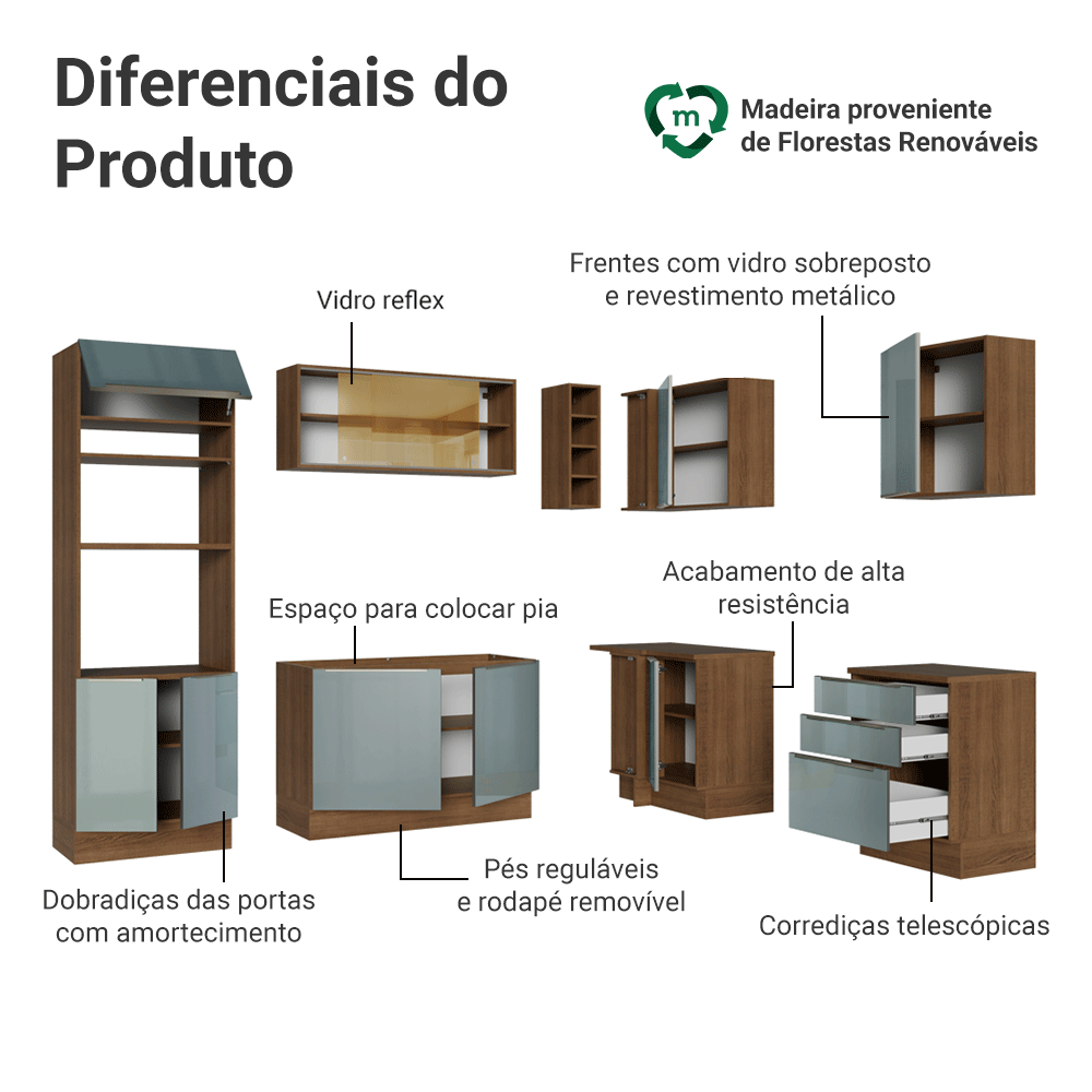Armário de Cozinha Completa de Canto 399 cm Rustic/Cinza Lux Madesa 01