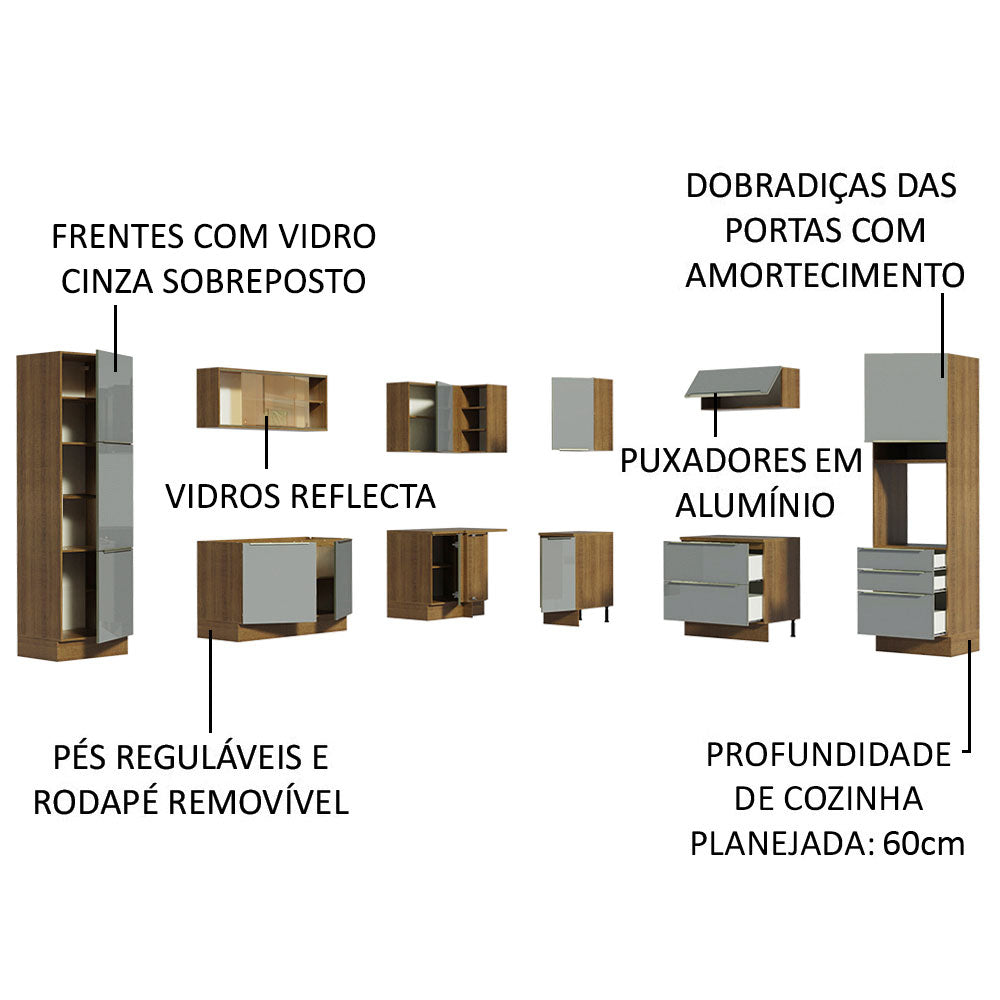 Armário de Cozinha Completa de Canto 526cm Rustic/Cinza Lux Madesa 01