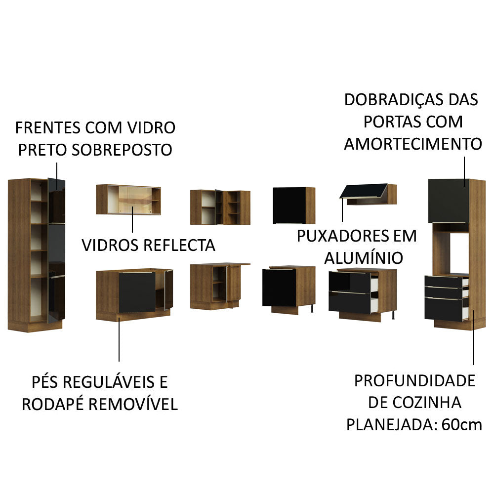 Armário de Cozinha Completa de Canto 546 x 60 cm Rustic/Preto Lux Madesa 01